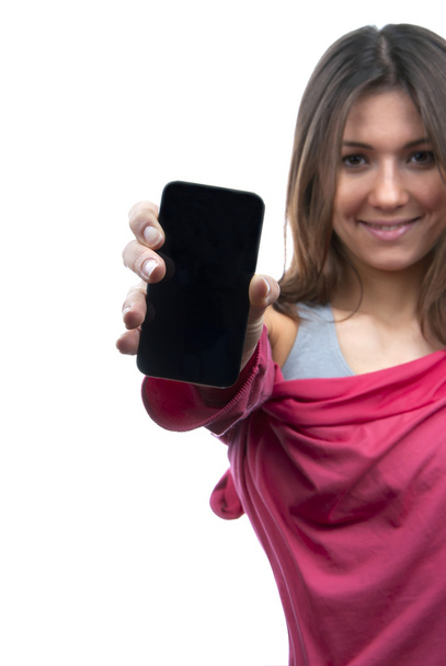Woman Showing display of her new touch mobile cell phone - Foto, Imagem