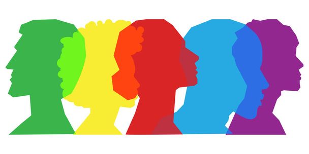 Gekleurde silhouetmensen, Meerdere belichtingen, begrip diversiteit en teamwork - Vector, afbeelding