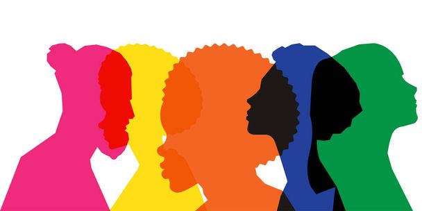 Colored silhouette people, Multiple exposure, Concept on diversity and teamwork - Vector, imagen