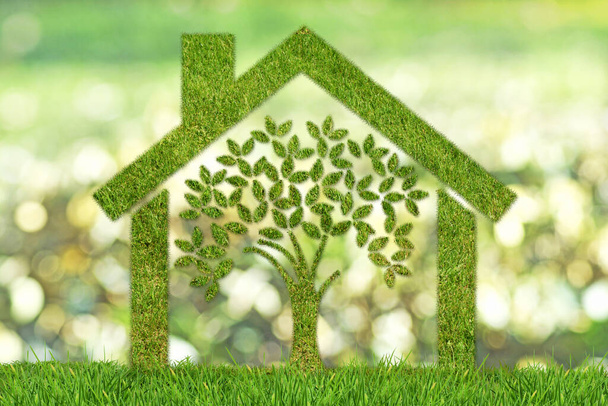 生態学の概念:木と持続可能な家。草のテクスチャの家と木の背景にぼやけた緑  - 写真・画像