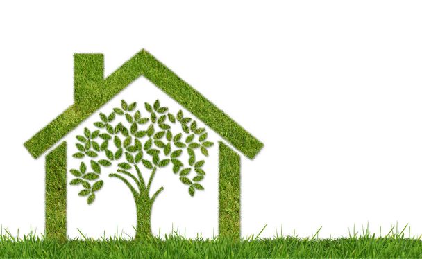 Concepto ecológico: árbol y casa sostenible. Una casa con textura de hierba y árbol sobre fondo blanco  - Foto, imagen