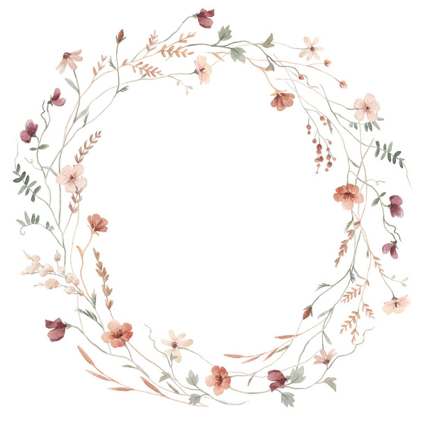 Beautiful floral frame with watercolor wild herbs and flowers. Stock illustration. - Foto, Bild