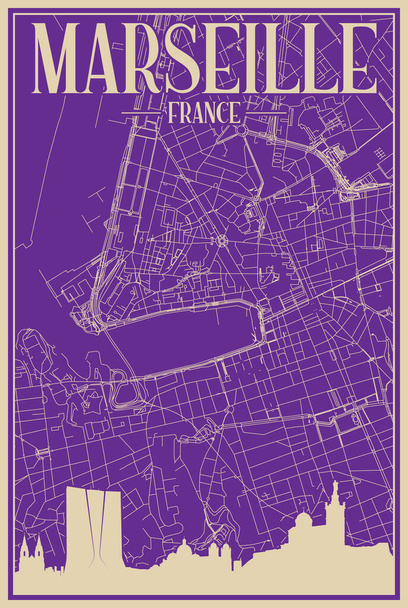 Fioletowy ręcznie rysowany plakat z centrum MARSEILLES, FRANCJA z podkreślonym zabytkowym panoramą miasta i liternictwem - Wektor, obraz