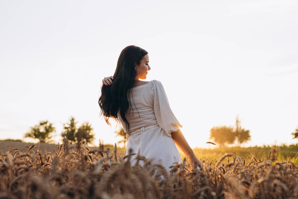 Güzel bayan sağ elinde buğday tutarken bir şeye bakıyor. Beyaz bir gömlek giyiyor ve harika görünüyor. Güneş ışınlarını görebiliyoruz. Kızın yanında büyük bir mısır tarlası var.. - Fotoğraf, Görsel