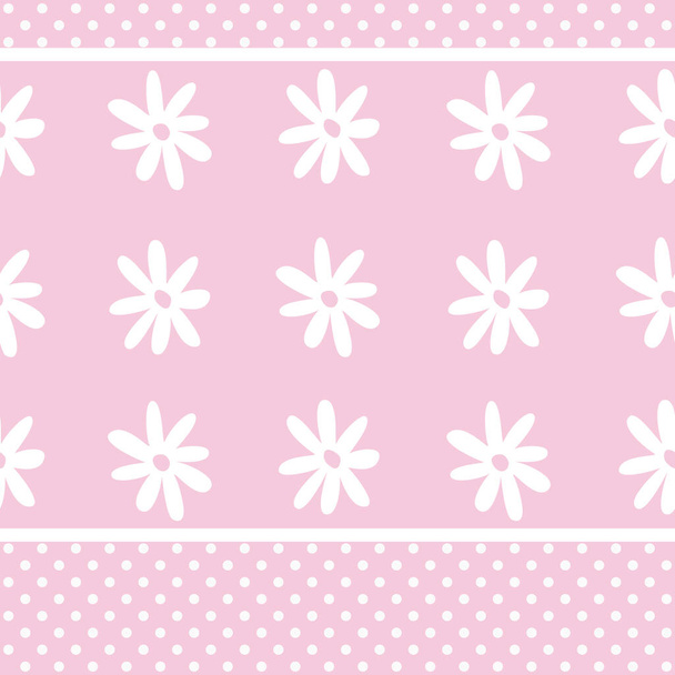 花と花のプリント。ピンクのポルカドットの背景に白い花とシームレスなパターン。ベクターイラスト - ベクター画像