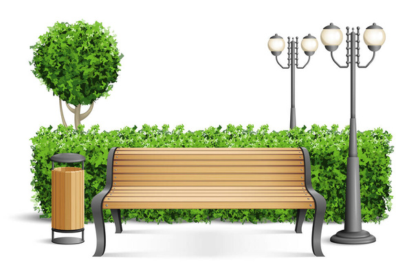 Banc de composition de banc de parc en bois réaliste se tient près de la clôture des pièces dans la zone du parc illustration vectorielle - Vecteur, image