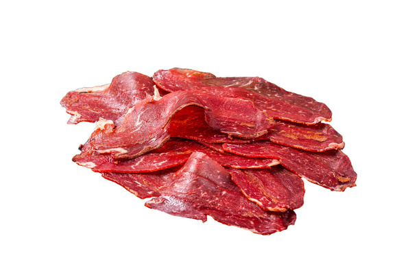 乾燥スライスされたバスチュラ、牛肉の肉を食べる準備ができて硬化。白地に隔離された - 写真・画像