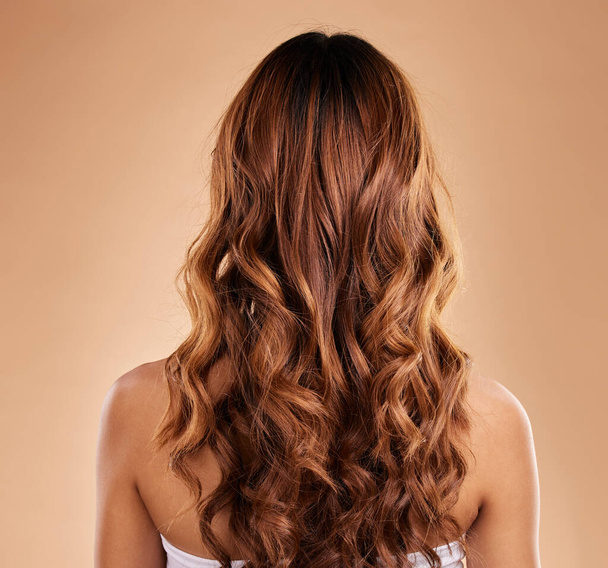 Haircare, back and beauty of woman with curly hair in studio isolated on a brown background. Texture, growth and female model with salon treatment for hairstyle, balayage or extensions and highlights. - Foto, afbeelding