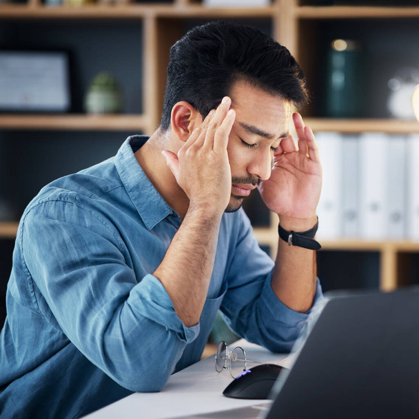 Migraine, headache and tired man with career stress, depressed or mental health risk in office managment. Pain of business person with depression, burnout or anxiety in job mistake, fail or fatigue. - Photo, Image
