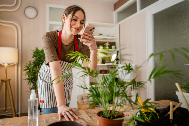 One woman young generation z adult caucasian female take care of her plants at home photographing flower pot with her smartphone mobile phone send photos to social media or as message real person - Photo, Image