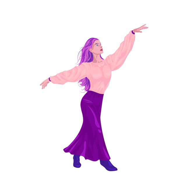 Girl dances in a long skirt, shirt and boots. Color.Vector illustration of girl with her arms raised to the sides. Illustrations of women in vector. - Вектор, зображення