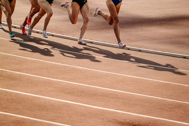 piernas grupo femenino atletas correr carrera de media distancia en el estadio, zapatos de espigas para correr Nike, foto deportiva - Foto, Imagen