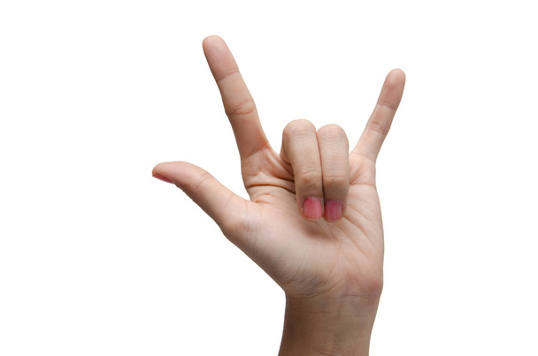 Женщина рука знак любви ASL американский язык вздоха на белой backgro
 - Фото, изображение