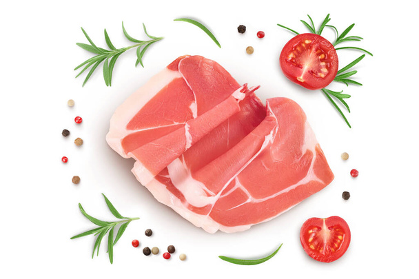 Italian prosciutto crudo or spanish jamon. Raw ham isolated on white background with full depth of field - Photo, Image