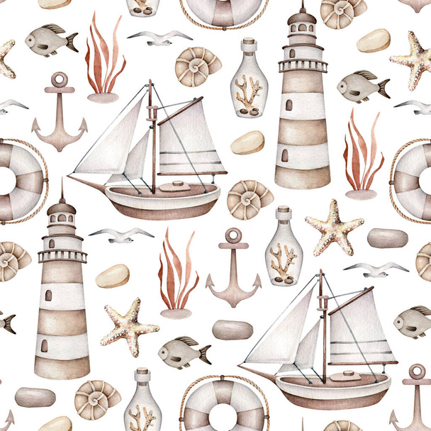 Watercolor vintage sea pattern.Old ship, lifebuoy, lighthouse, bottle, seagull, fish, anchor, shell.Ocean wallpaper,monochrome colors - Zdjęcie, obraz