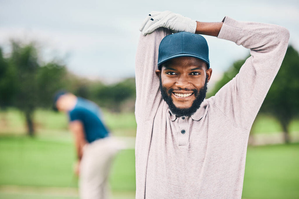 Golf, smile and portrait of black man stretching arms on course for game, practice and training for competition. Professional golfer, sports and happy male athlete for exercise, activity and golfing. - 写真・画像