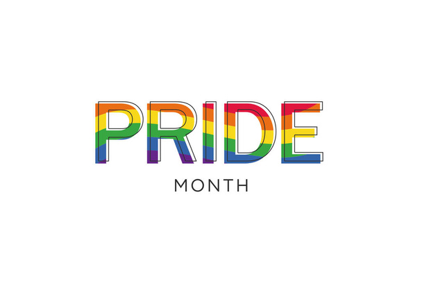 Mes del Orgullo Gay en junio. Palabra LGBTQ PRIDE rainbow flag color concept card, banner sobre fondo blanco - Foto, imagen