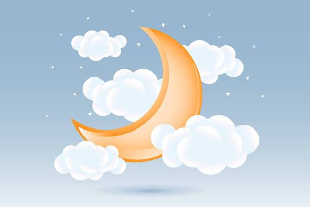 3d baby shower, lune croissante avec des nuages sur un fond bleu doux, design enfantin aux couleurs pastel. Contexte, illustration, vecteur. - Vecteur, image
