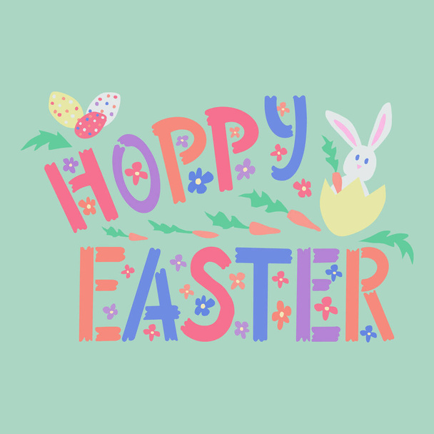 Uitgesneden kinderachtige kunst typografische poster met teken Hoppy Pasen met lente gerelateerde elementen. Word gespeeld met hop en gelukkig. Ideaal voor poster, kaart, omslag, achtergrond, t-shirt ontwerp, textiel print - Vector, afbeelding