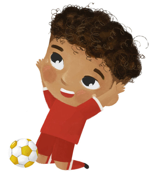 cena dos desenhos animados com menino jogando futebol bola esporte de corrida - ilustração para crianças - Foto, Imagem