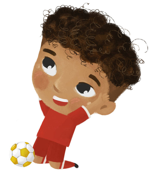 cartoon scene with boy playing running sport ball soccer football - illustration for children - Zdjęcie, obraz