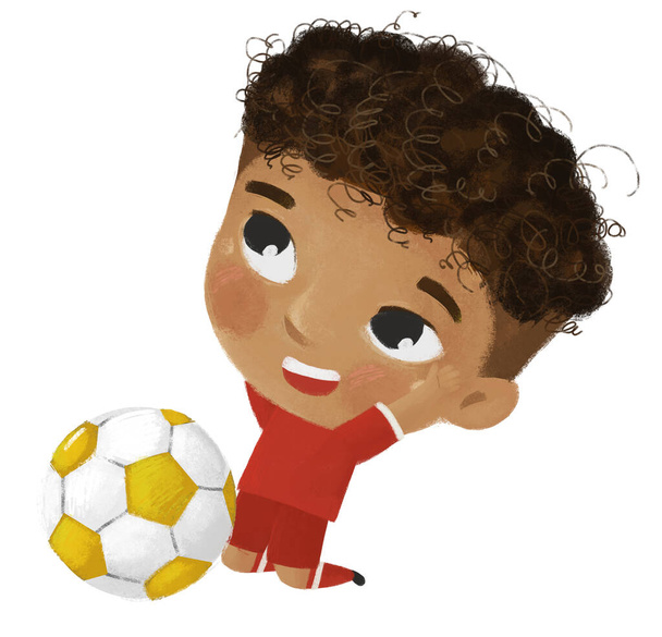 cartoon scene with boy playing running sport ball soccer football - illustration for children - Fotoğraf, Görsel