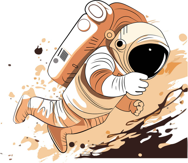 Astronaut explores space being desert planet. Astronaut space suit performing extra cosmic activity space against stars and planets background. Human space flight. Modern vector illustration - Vettoriali, immagini