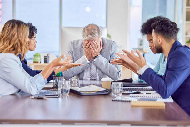 Senior businessman in meeting with headache, anxiety or stress with mental health emergency in work office. Sick company manager with burnout and frustrated with migraine pain, problems or mistake. - 写真・画像