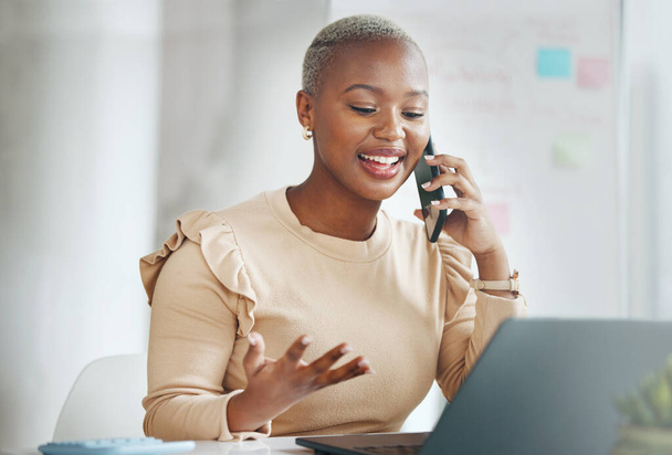 Phone call, business and black woman talking in office, chatting or speaking to contact. Laptop, cellphone and happy African female professional in conversation, networking or discussion on mobile - Foto, imagen