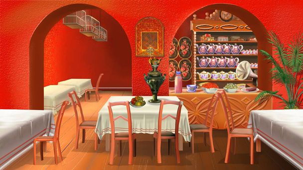 Das Innere der traditionellen russischen Teestube im Stil Kustodijews. Digitale Malerei Hintergrund, Illustration. - Foto, Bild