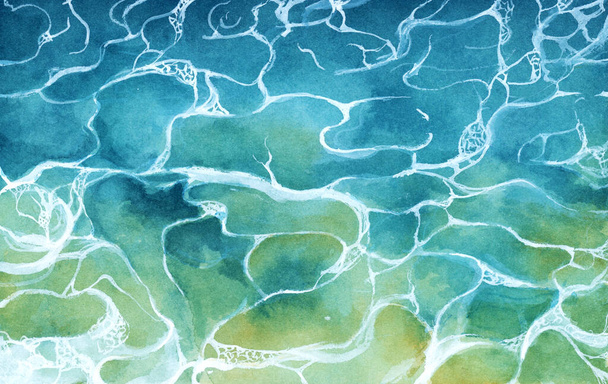 Vista superior de la superficie azul espumosa del mar. Fondo de agua azul. Ilustración de acuarela. - Foto, Imagen