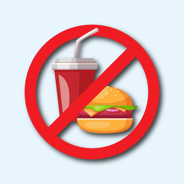  Fast food inside red banned sign isolated on white background. Fast food danger label. No burger cola. Unhealthy eating concept. 3D vector Illustration. - Vector, Image