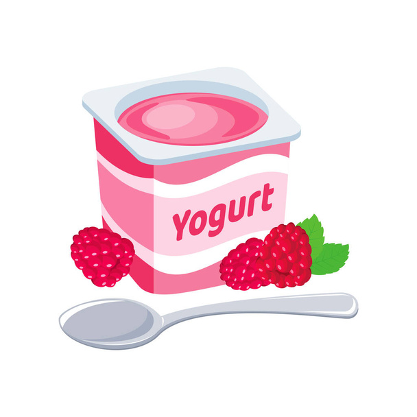 Vettore icona tazza di plastica yogurt lampone. Yogurt alla frutta con un cucchiaio elemento grafico di design isolato su sfondo bianco. Deliziosa illustrazione vettoriale dello yogurt al lampone rosa - Vettoriali, immagini