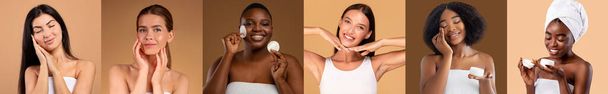 Glad millennial y adulto diferentes mujeres aplican crema, limpiar la piel perfecta, disfrutar de tratamientos de spa de belleza sobre fondo beige, estudio, panorama. Cuidado corporal, cosméticos hidratantes, procedimientos diarios - Foto, imagen