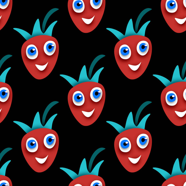 Seamless Pattern with Cute Smilying Strawberry. Surreal Design on Black. Pop Art Cartoon Style with Stains. Endless Texture. Vector 3d Illustration - Vektor, obrázek