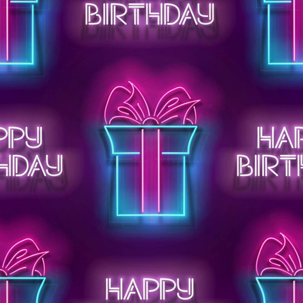 Seamless pattern with glow Gift Box with Beautiful Bow and Inscription. Happy Birthday and Holiday Party Mood. Neon Light Texture, Signboard. Glossy Background. Vector 3d Illustration - Wektor, obraz