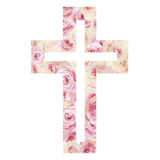 Watercolor cross decorated with roses, Easter religious symbol for the design of church holidays - Foto, immagini
