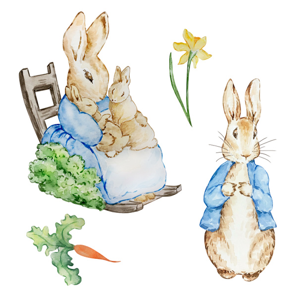 Watercolor cute rabbits in a blue jacket for kids design - Photo, Image