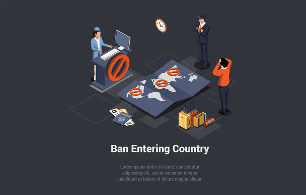 Deportation, Cancellation Visa And Trip, Man Got Ban on Entering Country At The Passport Control Desk. Economic, Political Sanctions Imposed on Individual Citizen. Isometric 3d Vector Illustration. - Vector, Image