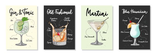 Set of 4 advertising recipe lists with alcoholic drinks, cocktails and beverages lettering posters, wall decoration, prints, menu design. Hand drawn typography with sketches. Handwritten calligraphy. - ベクター画像