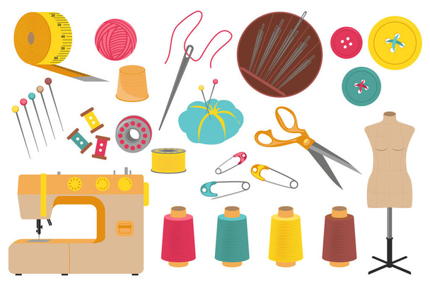 Las herramientas de coser establecen elementos gráficos en diseño plano. Paquete de cinta métrica, máquina de coser, hilo, dedal, aguja, botones, alfileres, tijeras, maniquí y otros. Ilustración objetos aislados - Foto, imagen