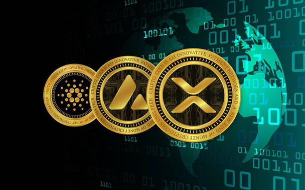 cardano-ada, avalanche-avax and ripple-xrp virtual currency logo. 3d illustrations. - Foto, afbeelding