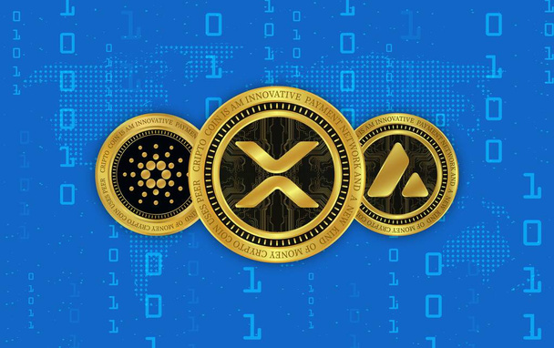 cardano-ada, avalanche-avax and ripple-xrp virtual currency logo. 3d illustrations. - Foto, Imagem