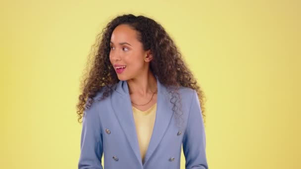 Business woman, smile and face in a studio with happiness and cosmetics. Isolated, yellow background and mixed race female portrait laughing with joy and feeling playful, silly and happy with beauty. - Footage, Video