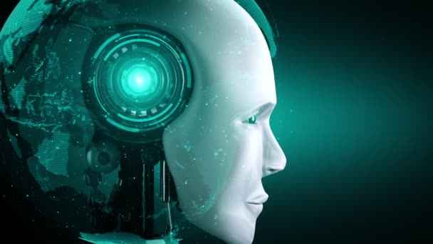 Робот гомінід стикається крупним планом з графічною концепцією аналізу великих даних мозком мислення ШІ, штучним інтелектом і процесом машинного навчання для четвертої промислової революції. 3D візуалізація
 - Кадри, відео