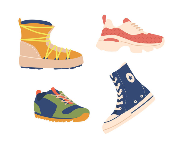 Conjunto de sapatos, esportes confortáveis e calçados casuais de vários estilos, feitos de materiais respiráveis. Sapatos de corrida, Sapatilhas, Sapatilhas, Botas em Renda Isolado em Branco. Desenhos animados Vector Ilustração - Vetor, Imagem