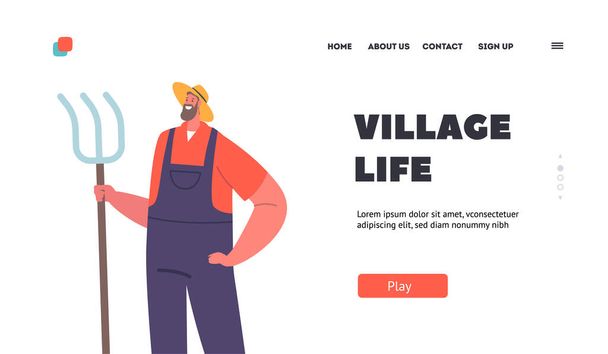 Village Life Landing Page Template. Rancher Male Character, Farmer Man in Straw Hat And Overalls Stand with Pitchfork in Hand. Agricultural Worker with Working Tool. Cartoon People Vector Illustration - Vector, Image