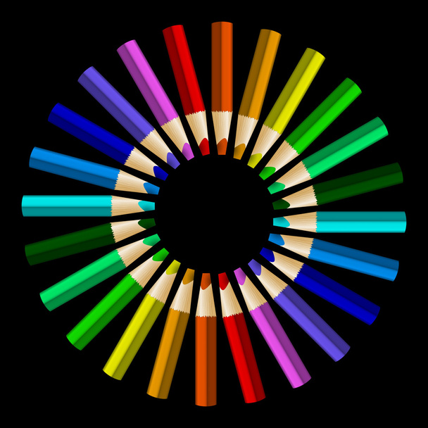 Color pencils in arrange in color wheel colors on black backgrou - Vector, Image