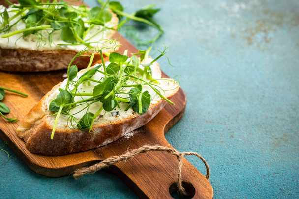 Toast with micro greens and cheese. Healthy food snack, vegetarian. Macro. - 写真・画像
