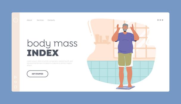 Body Mass Index Landing Page Template. Senior männlichen Charakter stehen auf der Waage überrascht mit seiner Gewichtszunahme. Konzept für Gewichtsverlust oder Diätregierungen mit alten Menschen. Cartoon People Vektor Illustration - Vektor, Bild